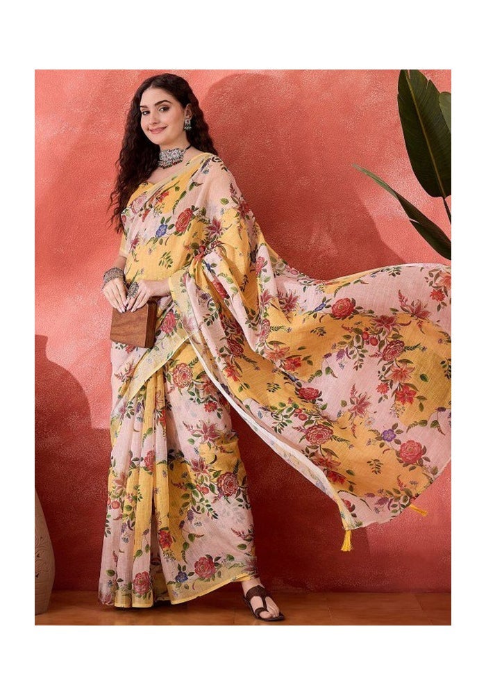 Malishka Export ساري قطن كتان أصفر مزخرف للنساء - Image 2